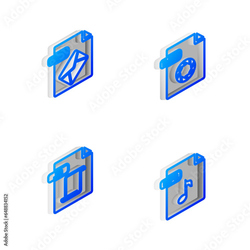 Set Isometric line RAW file document, MSG, JS and MP3 icon. Vector