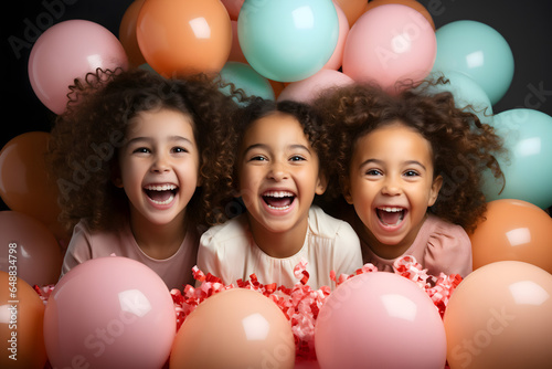 children with gifts and balloons celebration birthday , colourful balloons background and birthday cake with candles 