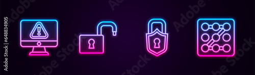 Set line Monitor with exclamation mark, Open padlock, Lock and Graphic password protection. Glowing neon icon. Vector