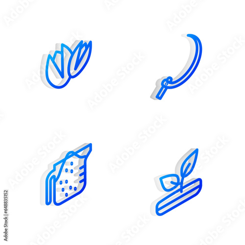 Set Isometric line Sickle, Pistachio nuts, Measuring cup and Sprout icon. Vector
