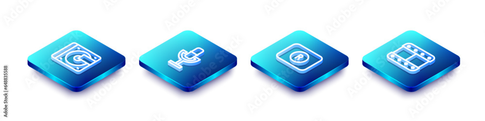 Set Isometric line Vinyl player with vinyl disk, Microphone, Record button and Play video icon. Vector Set Isometric line Vinyl player with vinyl disk, Microphone, Record button and Play video icon. Vector
