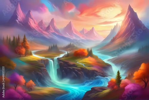 Dreamy landscape with tall mountains, river, valley and colorful trees.