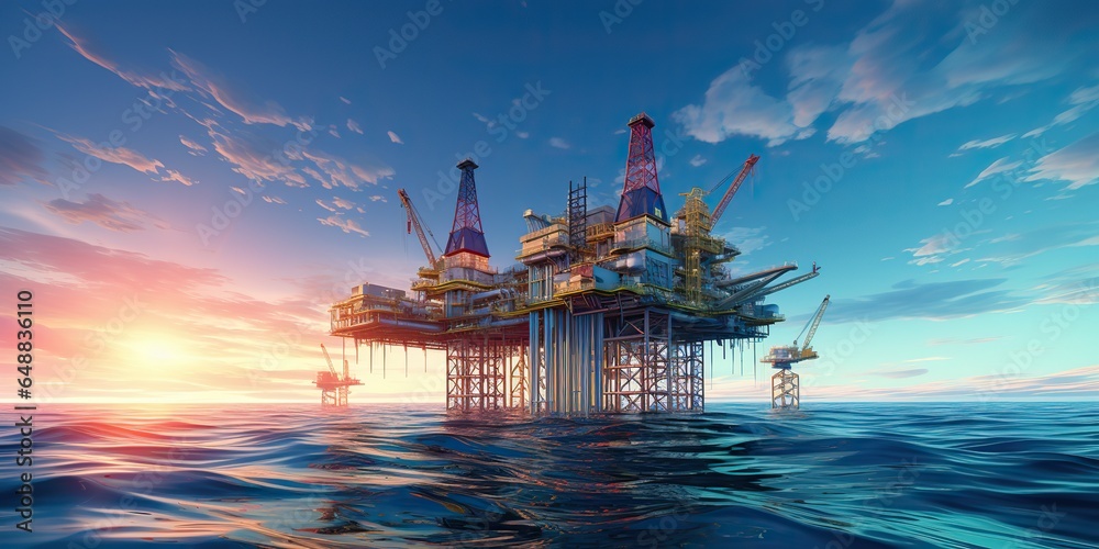 AI Generated. AI Generative. Sea ocean nautical marine offshore drilling oil gas platform station. Oil drawing painting style business industry illustration - obrazy, fototapety, plakaty 