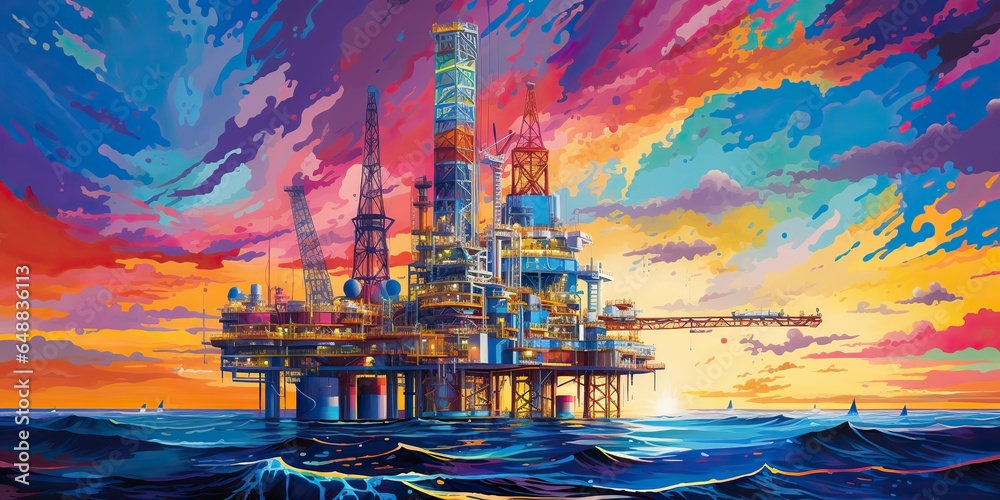 AI Generated. AI Generative. Sea ocean nautical marine offshore drilling oil gas platform station. Oil drawing painting style business industry illustration - obrazy, fototapety, plakaty 