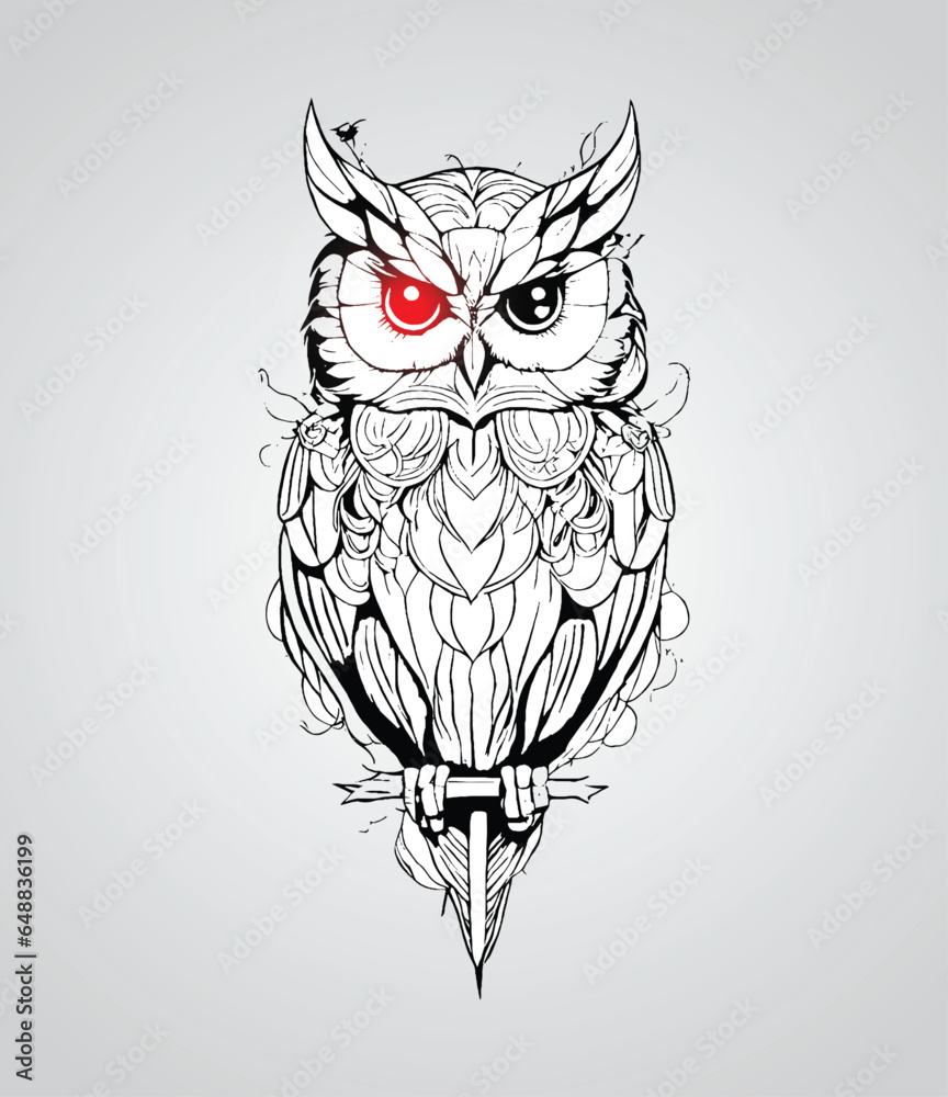 Hand drawn owl. Outline owl drawing.