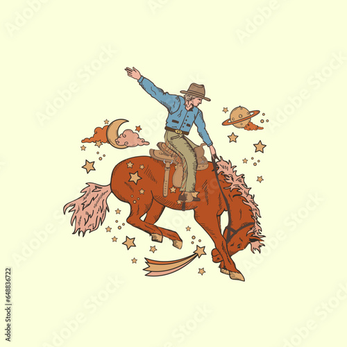 cowboy riding horse, cosmic concept.
