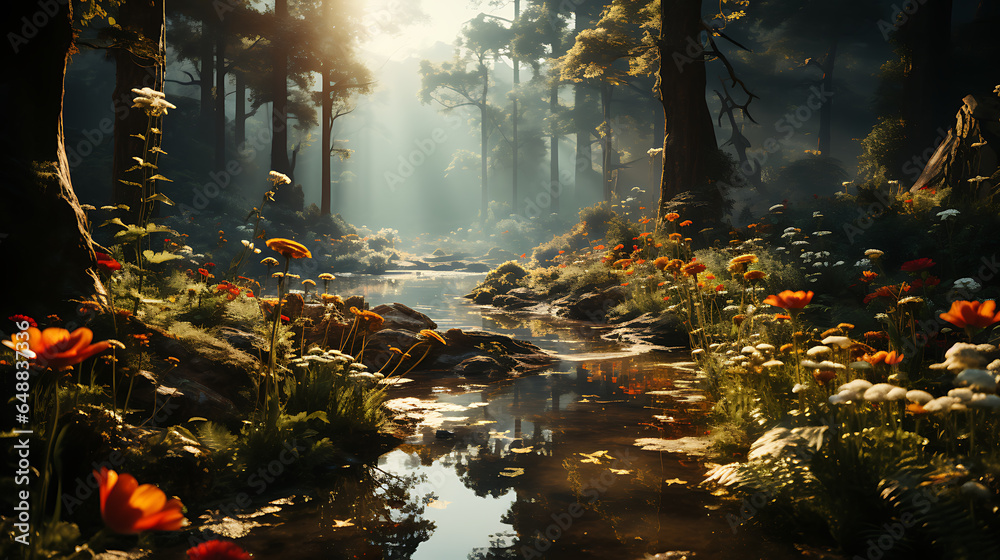 cinematic image of a forest at dawn with fog and wildflowers in foreground, photographic