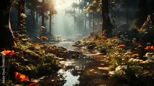 cinematic image of a forest at dawn with fog and wildflowers in foreground  photographic