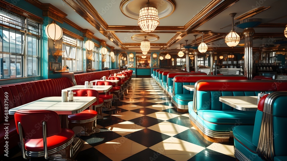 1970's Style of Retro Diner Interior, checkered floors