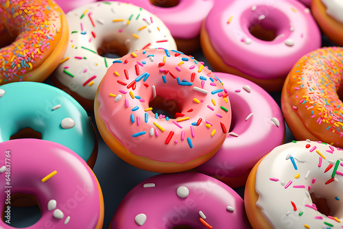  colorful donuts with multicolored sprinkles , 3d style, generate AI.