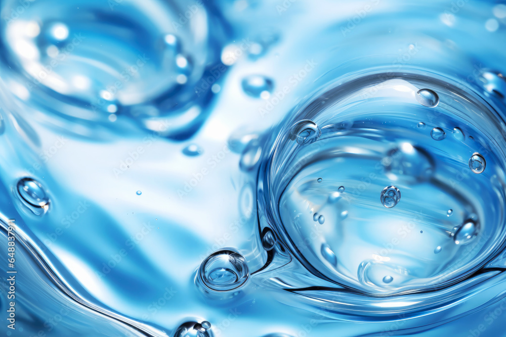 Transparent Drops of Water, Oil, Face Serum, liquid in Blue turquoise Colour Background. Natural organic wellness and beauty cosmetic product. Close-up, front view, flat lay. Transparent Drops of Water, Oil, Face Serum, liquid in Blue turquoise Colour Background. Natural organic wellness and beauty cosmetic product. Close-up, front view, flat lay.