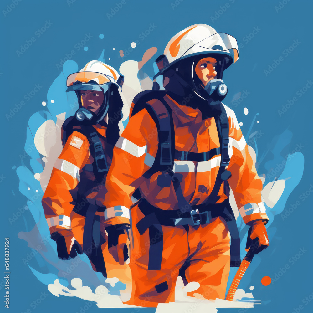 vector illustration, flat design, flat illustration, firefighters for rescue people, orange white blue generative ai