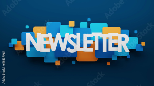 3D render of NEWSLETTER banner with blue and orange squares on dark blue background