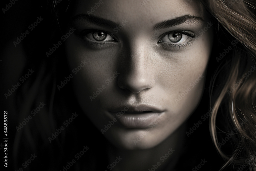 Woman intense close up portrait in black and white, harshly processed Woman intense close up portrait in black and white, harshly processed