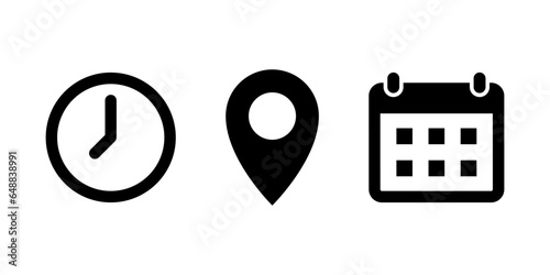 Time, address, and date icon vector in flat style. Clock, pin map location, and calendar sign symbol photo