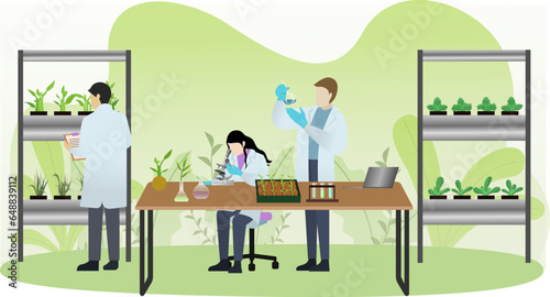 Plant scientists are doing research on plants with microscopes and test tubes, scientist checking plant growth process, Experimental scientist, laboratory assistant