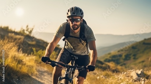 Man caucasian male cyclist riding ebike electric bike open air in mountain extend at the pig out or edge before his companions wear defensive head protector and eyeglasses in sunny day duplicate space photo
