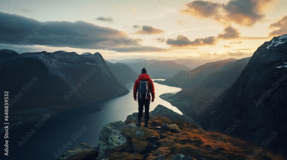 Man hiker climbing in mountains alone open air dynamic way of life travel experience excursions dusk Norway scene - obrazy, fototapety, plakaty 