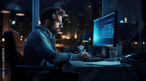 Focused entrepreneur working at a desk with a computer screen, illuminated by warm light. High angle view of a professional workspace, showcasing determination, ambition, and innovation.