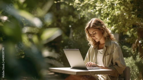 A woman, laptop in hand, sits on a park bench amidst nature. Focused and contemplative, she works outdoors, enjoying solitude and connectivity. Tranquility and productivity of remote work.