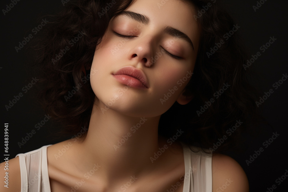 Tired woman with closed eyes touching nose bridge Tired woman with closed eyes touching nose bridge