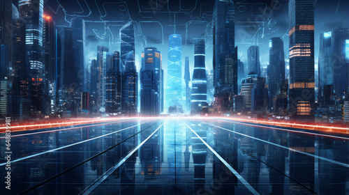 A 3D-rendered cityscape incorporating neon signs and futuristic skyscrapers