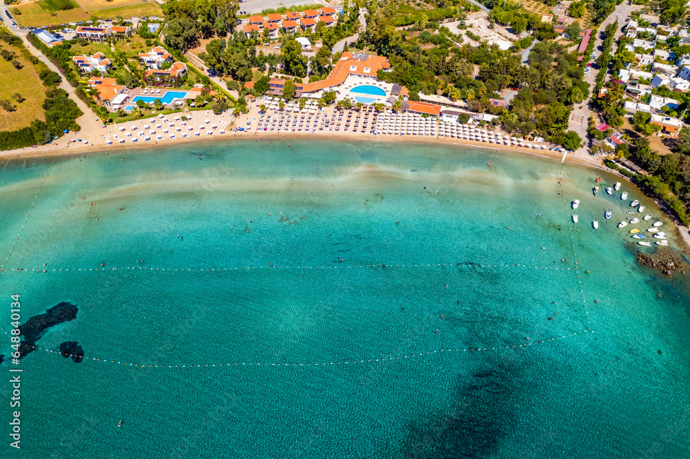 Karaincir Beach (Karaincir Bay) in Datca. Mugla, Turkey. Aerial view of beach with turquoise water. Drone shot..