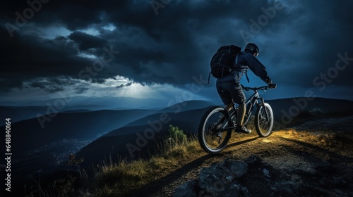 Man on mountain bicycle rides on the path on a stormy nightfall