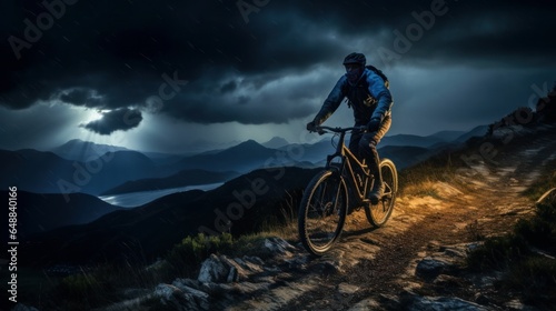 Man on mountain bicycle rides on the path on a stormy nightfall © Shabnam