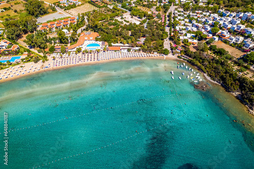 Karaincir Beach (Karaincir Bay) in Datca. Mugla, Turkey. Aerial view of beach with turquoise water. Drone shot.