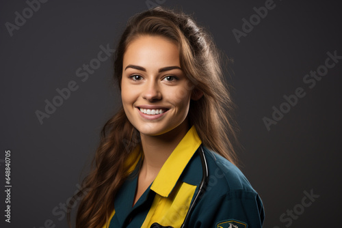 Studio Portrait Of Smiling Young Female Paramedic Against Plain Background