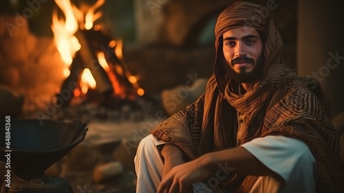 Middle easterner youthful man sitting around campfire within the forsake Arabic comping center east tourism concept photo