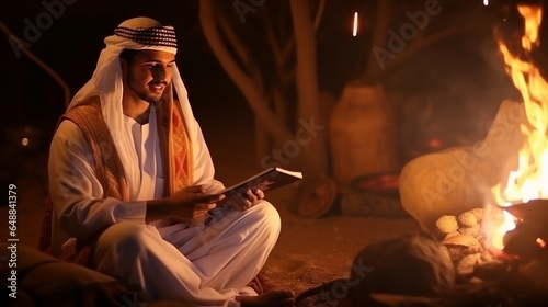 Middle easterner youthful man sitting around campfire within the forsake Arabic comping center east tourism concept photo
