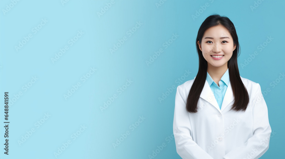 Young Asian female doctor standing on blue background Banner for website Young Asian female doctor standing on blue background Banner for website