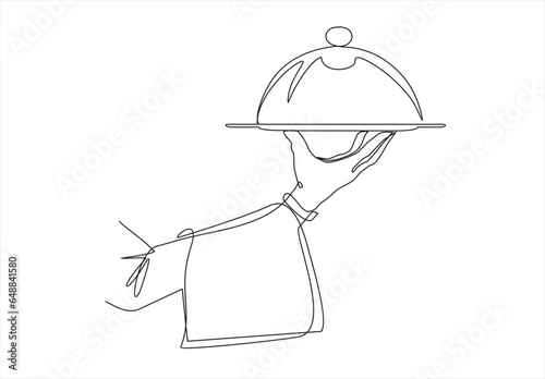 Hand Serving Tray of Food-continuous line drawing.The waiter carries food on a tray. Food in a restaurant. A hand holds a tray. 