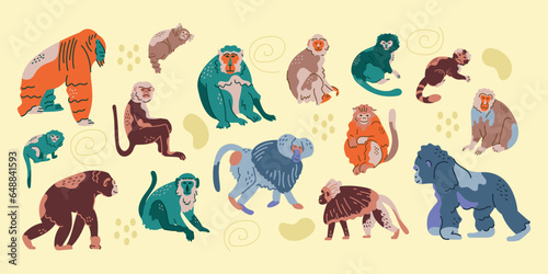 Hand drawn monkeys color concept. Children's characters.