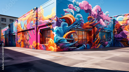 A city street transformed by a vibrant street art mural, bursting with dynamic colors and abstract shapes photo