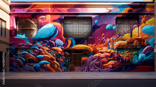 A city street transformed by a vibrant street art mural, bursting with dynamic colors and abstract shapes photo