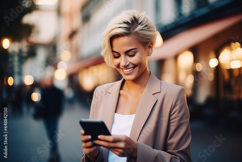 Smart attractive woman with short hair, A businesswoman using her smartphone and smiles on a city stree