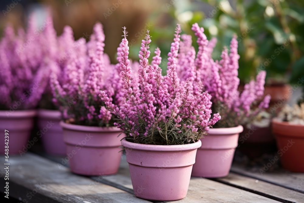 Fototapeta premium Decorative heather calluna in clay pots