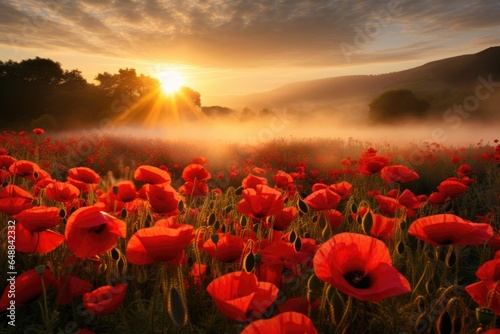 Red poppies field in morning mist.