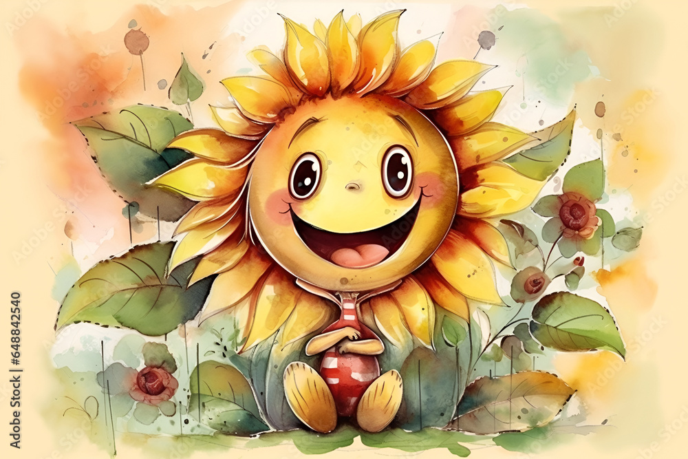 Fototapeta premium Watercolor illustration of a funny sunflower flower character