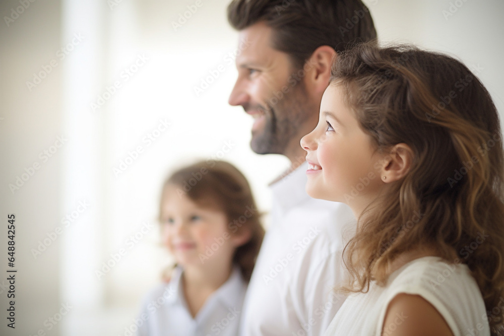 Side View Portrait of Parents and child lined up with a smile and a textured white background Side View Portrait of Parents and child lined up with a smile and a textured white background