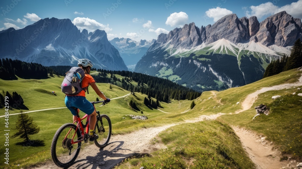 Mountain biking lady on bicycle Dolomites Italy