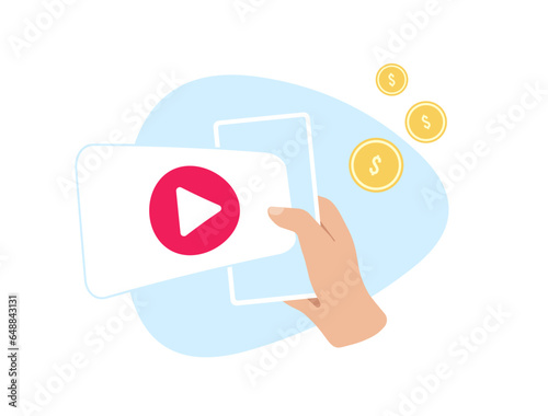 Earning from Video Content concept. Monetizing short video vlog for passive income. Online business in social media. Vector illustration isolated on white background with icons