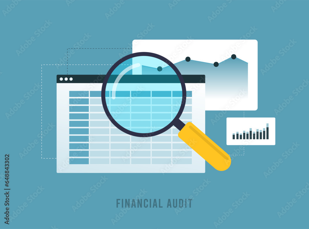 Financial Audit and Expert Accounting. Budget Calculation, Profit-Loss Analysis Audit and Financial Report Generation by Business Accountants. Vector illustration on blue background with icons Financial Audit and Expert Accounting. Budget Calculation, Profit-Loss Analysis Audit and Financial Report Generation by Business Accountants. Vector illustration on blue background with icons