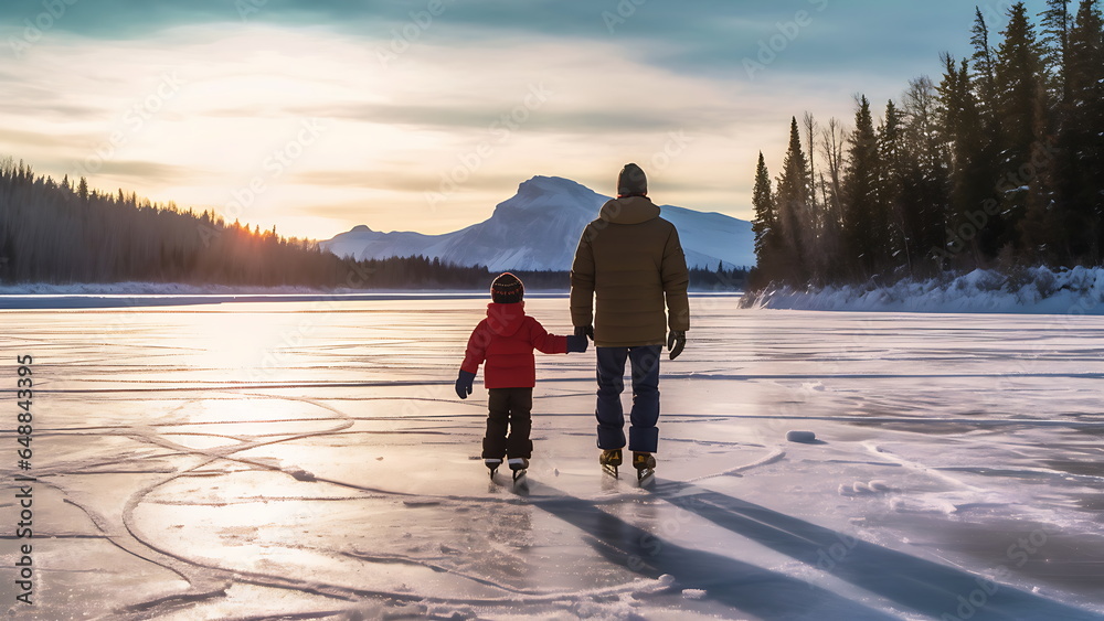 Father and son ice skating on an outdoor skating rink. Father and son ice skating on an outdoor skating rink.