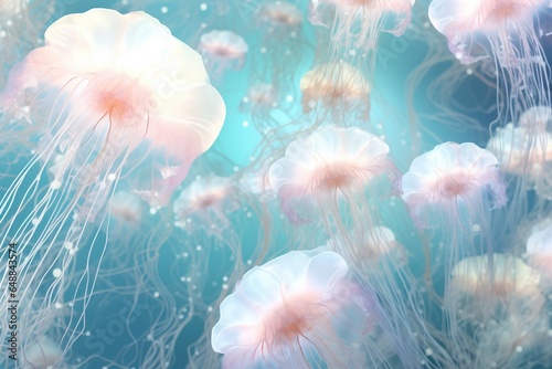 Gently transparent pink jellyfish on a blue background. Abstract background of marine flora and fauna, aquatic and underwater world. Sea life concept.