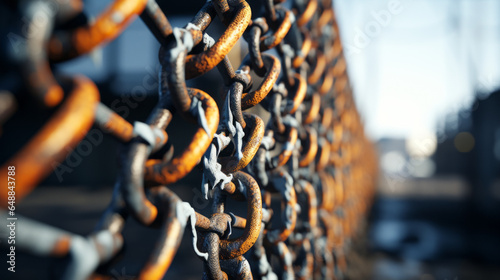 A close-up of a rusting chain-link fence surrounding an abandoned factory, symbolizing job loss