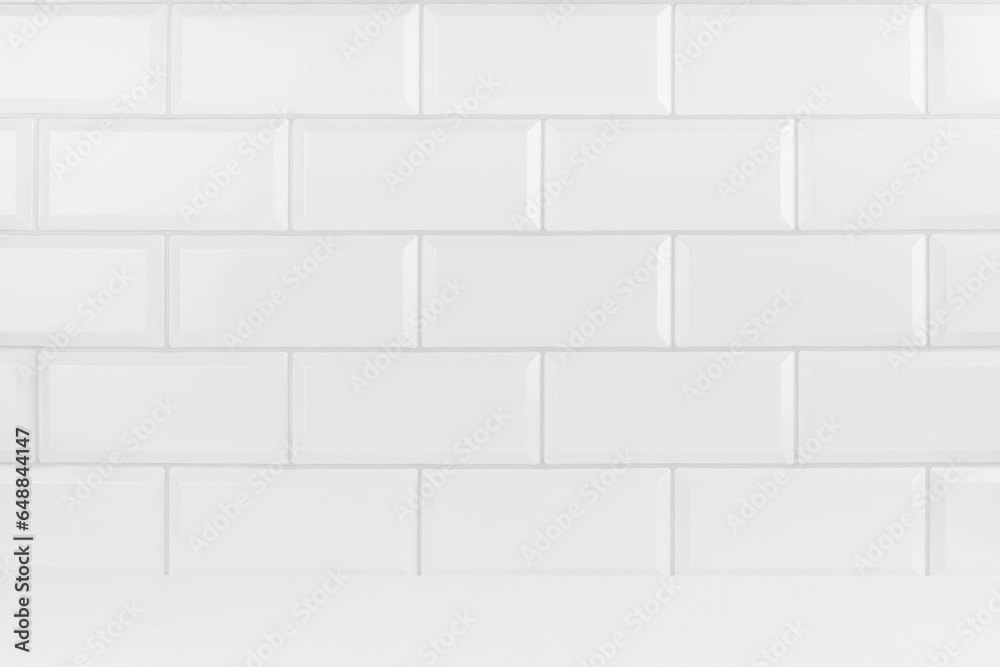 Abstract interior with white ceramic rectangle tiles on wall and wood floor or shelf, mockup, empty. Template for presentation, showing, design in soft light minimalistic style. Abstract interior with white ceramic rectangle tiles on wall and wood floor or shelf, mockup, empty. Template for presentation, showing, design in soft light minimalistic style.